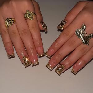 24Pcs Short Square Press on Nails Reusable Fake Nails Glitter French Tip False Nails with Golden Rhinestone Design Short Handmade Nails Acrylic Nails Press ons Summer Stick Glue on Nails for Women