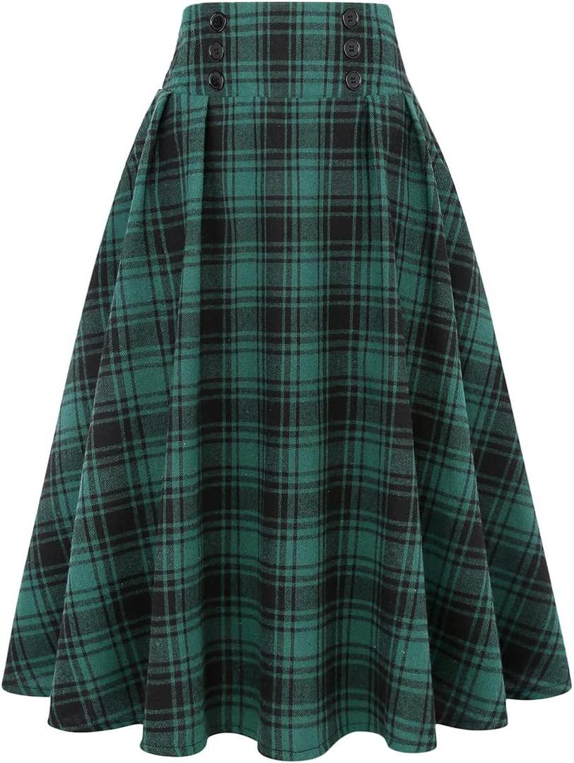 IDEALSANXUN Plaid Skirt for Women's High Waist Aline Pleated Midi Skirts (Green 02) XL