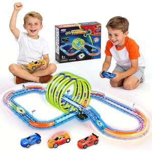 Glow Slot Car Race Track Set, 71 Pcs Glow-in-The-Dark Track Toy for Kids Ages 3-8, Electric Speed Car Light-Up Whole Tracks, 360 Magic Triple Loops, 1:64 Scale Pull-Back Cars, Toy Gift for Boys Girls