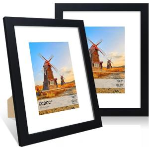 8x10 Picture Frame Set of 2, 8 x 10 Wood Photo Frames with Mat for 5x7, Wooden Frame with Real Glass Cover for Wall and Tabletop Display, Black