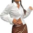 Women's Spring Solid Ruched Curved Hem White Shirt Top Long Sleeve Button Front T Shirt Blouse for Women