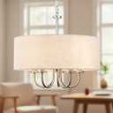 19" Brushed Nickel Drum Shade Chandelier, 5-Light Modern Round Chandelier with White Linen Fabric Shade, Adjustable Hanging Pendant Light for Dining Room, Living Room, Kitchen Island, Bedroom, Foyer