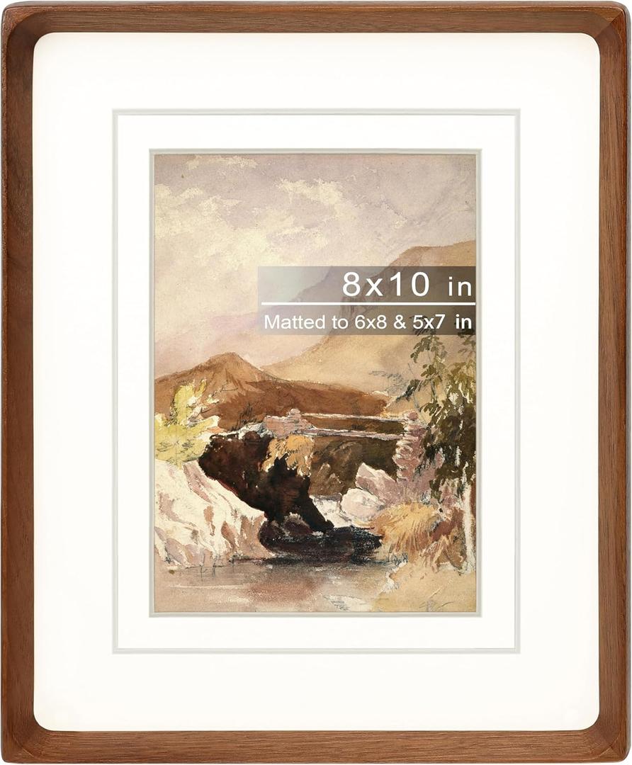 8x10 Picture Frame with Mat for 5x7/6x8, Natural Walnut Wood Handcrafted Rounded Corner with Real Glass, Vertical or Horizontal Display Photo Gallery Wall & Tabletop Frame