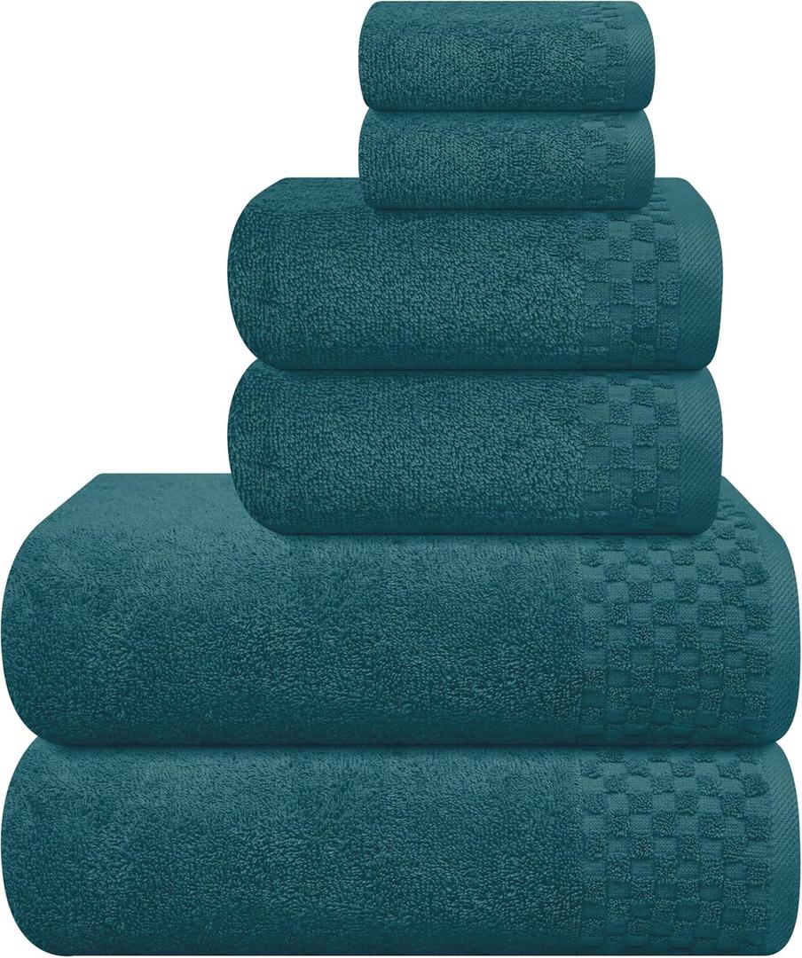 MyOwn Premium Cotton 6 Pack Towel Set for Bathroom, Contains 2 Bath Towels 28x55 inch, 2 Hand Towels 16x24 inch & 2 Wash Coths 12x12 inch, Ideal Everyday use, Compact & Lightweight - Teal