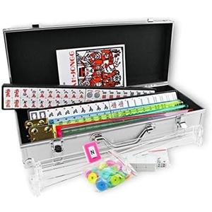 Complete American Mahjong Set, 166 White Tiles, 4 Color Pushers/Racks, Chips, Wind Indicator Aluminum Case + Clear Pusher