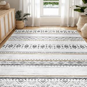 BESTSWEETIE 5x7 Area Rugs for Living Room Washable Moroccan Farmhouse Neutral Geometric Low Pile Non-Slip Soft Print Pattern Rug for Bedroom Kitchen Dining Room Entryway Black/Brown