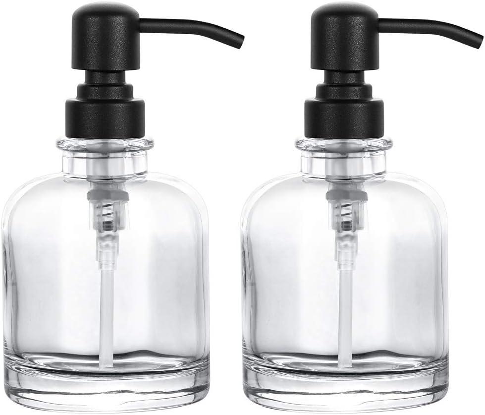 2 Pcs Thick Clear Glass Jar Hand Soap Dispenser Bathroom with Matte Black Stainless Steel Pump, 12ounce Clear Boston Round Bottle Dispenser with Rustproof Pump for Kitchen Dish