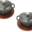 HAWOK Pre-seasoned Cast lron Mini Dutch Oven, 8.8oz. with Wooden Underliner, Heart Shaped, Set of 2, Black