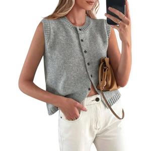PRETTYGARDEN Sweater Vest Tops for Women 2026 Lightweight Summer Cardigan Sleeveless Button Up Knit Casual Spring Clothes (Grey,XX-Large) (Gray, XXL)