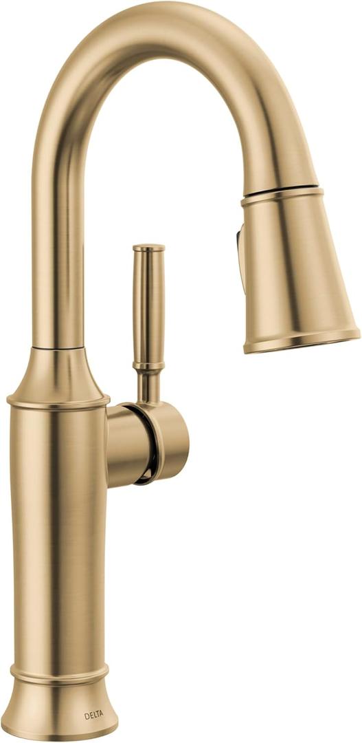 Delta Renaldi Brushed Gold Bar Faucet with Pull Down Sprayer, Modern Single Hole Prep Sink Faucet, Single Handle, Lumicoat Champagne Bronze 9984-CZ-PR-DST