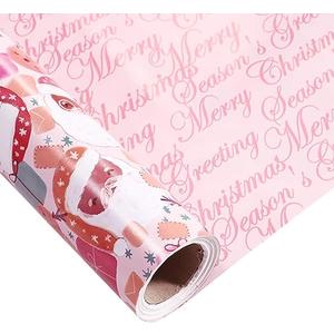 LeZakaa Christmas Pink Wrapping Paper Jumbo Roll for Kids Girls, Pink Santa Claus & Merry Christmas Lettering Reversible Design for Festive Holiday, Family Gathering, 24 inches x 100 Feet