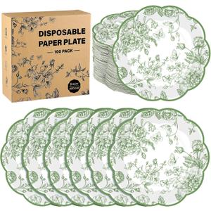 Kochorie 100 Pieces Sage Green Floral Paper Plates 9 Inches Disposable Green Flower Scalloped Plates Vintage Floral Dinner Dessert Decorative Plate for Wedding Baby Shower Birthday Party Supplies