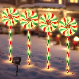 BRIGHTDECK Solar Lollipop Christmas Pathway Lights, Set of 4 Lollipop Stake Lights, 8 Lighting Modes Solar Christmas Decorations, LED Christmas Lights Outdoor Waterproof for Holiday, Walkway, Yard (B)