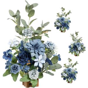 Ling's moment 17.5" Tall Standing Artificial Flowers Arrangements 4pcs Fall Wedding Aisle Runner Chair Decorations Dusty Blue & Navy Centerpieces for Ceremony Reception Rose Floral Party Outdoor