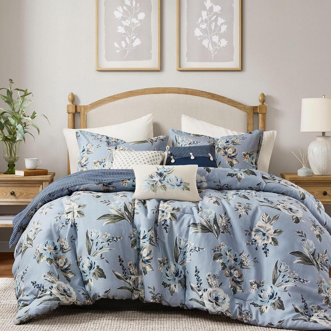 Madison Park Queen Comforter Set Vintage Floral Reversible Comforters Queen Size Bed, All Season, Down Alternative Bedding Queen Size Comforter, Bedskirt, Pillows, Shams, Salara, Queen Blue 7 Piece