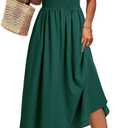 Wenrine Womens Casual Summer Midi Dress Smocked Cap Sleeve Crew Neck Color Block A Line Flowy Beach Dresses (Green, L)