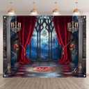 8x6ft Fabric Halloween Vampire Medieval Castle Backdrop Gothic Window Red Curtain Bats Photography Background Haunted House Party Decor Photo Props