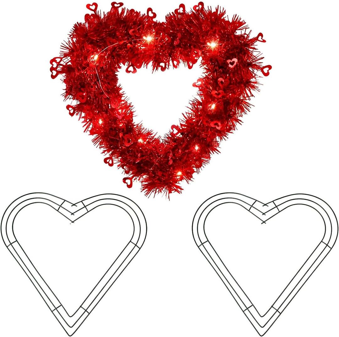 2 Pack 12 Inch Heart Tinsel Wreaths Frame Wire Wreath Garland Metal Flower Wreath for Valentine's Day, Wedding Party, Home Ceremony Decoration (2, 12 Inch)