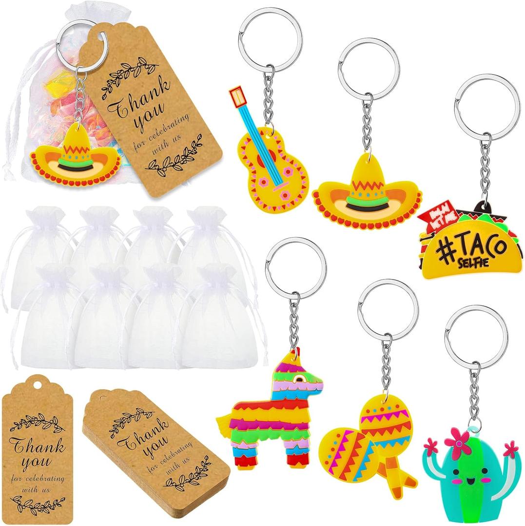 108 Pcs Mexican Keychain Fiesta Party Favors Baby Shower Return Favors Thank You Handwritten Font Tags Cinco De Mayo Party Gifts Cactus Keychain Organza Bag for Birthday Baby Shower Supplies