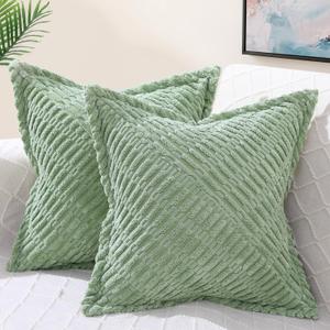 decorUhome Decorative Sage Green Throw Pillow Covers 18x18 Set of 2 with Splicing, Boho Soft Neutral Corduroy Broadside Twill Pillow Covers for Couch Bed Sofa Living Room