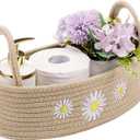 Vesici Daisy Toilet Paper Basket Boho Woven Cotton Rope Bathroom Countertop Organizer with Handle Beige Bathroom Storage Decor for Toilet Closet Bedroom Nursery Toys Organizing, 13 x 6 x 4 Inch