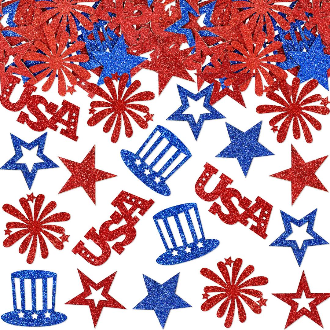 210Pcs Double-sided Independence Day Confetti Glitter Red Blue Pentagram Table Confetti for America 250th Birthday Table Decorations National Independence Day Party Decorations Supplies