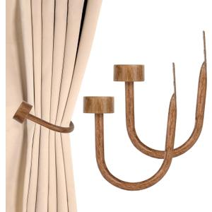KAMANINA Curtain Holdbacks for Wall, Wood Grain Curtain Hooks Wall Mounted, Curtain Tiebacks Holders for Drapes, Modern Cap Finials (2 Pack)