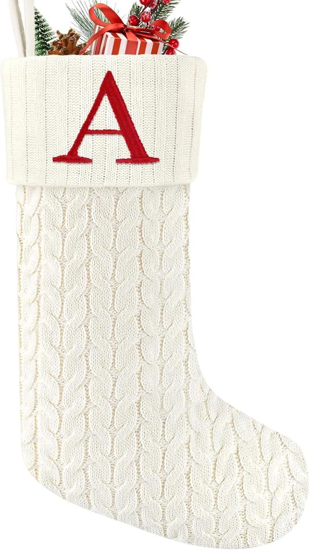 Paulmele 20 Inches Christmas Stockings with Initials,Knit Embroidered Letter White Christmas Stocking,Monogram Christmas Stocking for Famliy Holiday and Xmas Tree Fireplace (Letter A)