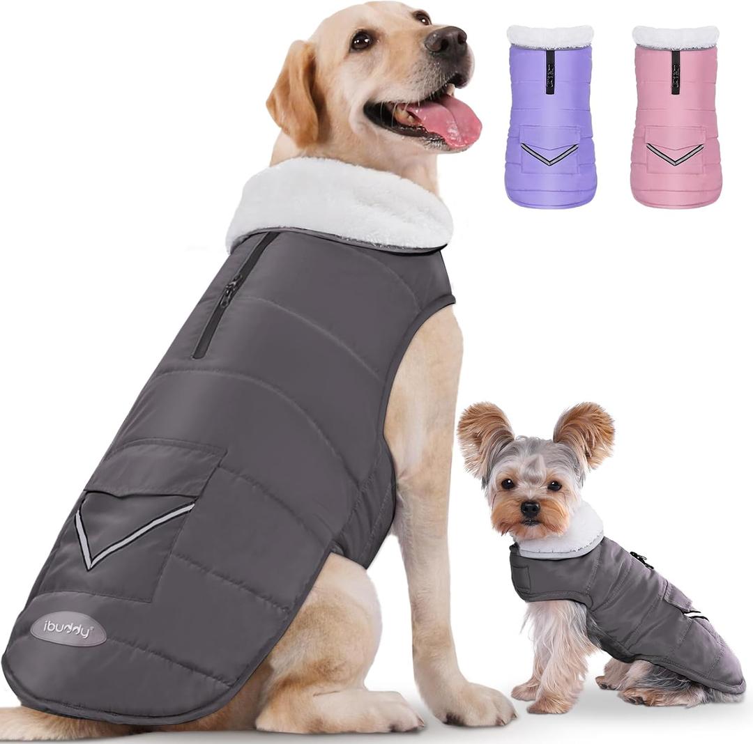 IBuddy Dog Winter Jacket for X-Large Dogs, Easy on Dog Snow Coat Velcro Waterproof Pet Puffer Coat with Harness Hole Adjustable Reflective Quilted Pet Cold Weather Vest Wind-Poof for Boy Male (Gray)