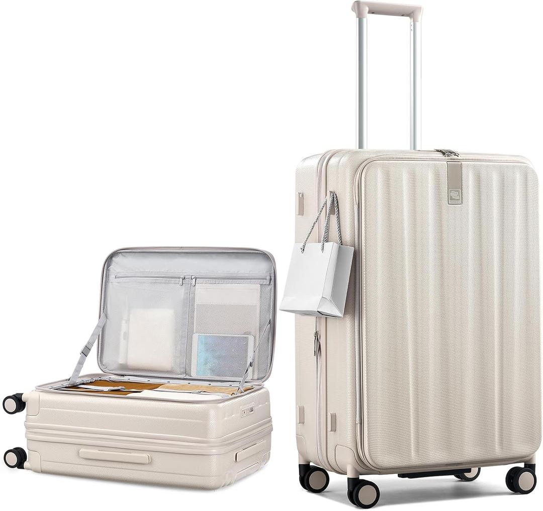 Hanke 26 Inch Expandable Luggage Top Opening Checked Bag Luggage Hard Shell Suitcases with Wheels Lightweight Travel Luggage Heavy Duty Luggage Suitcase with Lock for Woman Men-Ivory White