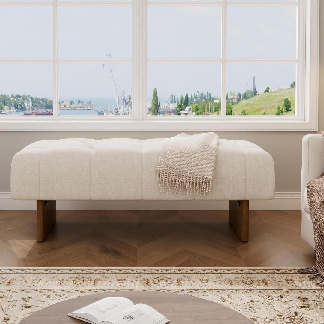 Merax Upholstered Entryway Bench 49.75" Tufted Linen Fabric Ottoman Bench with Solid Wood Legs, Modern End of Bed Bench, for Living Room Hallway Bedroom, Beige