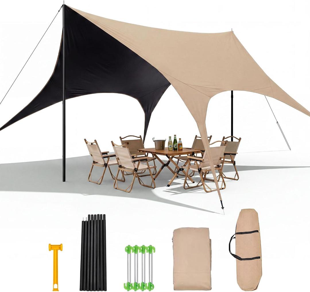 10x13 FT Camping Tarp with Poles, Waterproof Sun Shelter with UPF 2000+