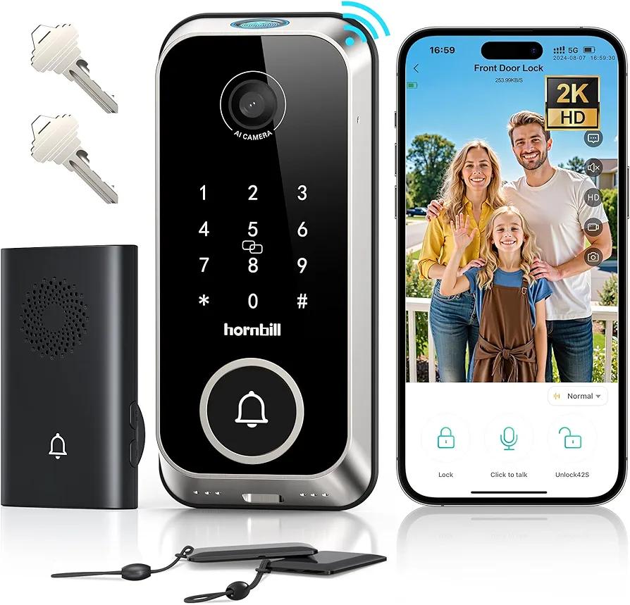 Hornbill Video Smart Lock with Camera: 10-in-1 Ring+2K Camera+Doorbell+Fingerprint Keyless Entry Door Lock, Built-in WiFi Deadbolt(only 2.4G), Two-Way Audio/App Remote Control/PIR, Satin Nickel