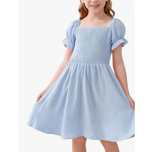 GORLYA Girls Puff Sleeve Square Neck Boho Frilly Smocked Shirred Flared Midi Dress 4-14T