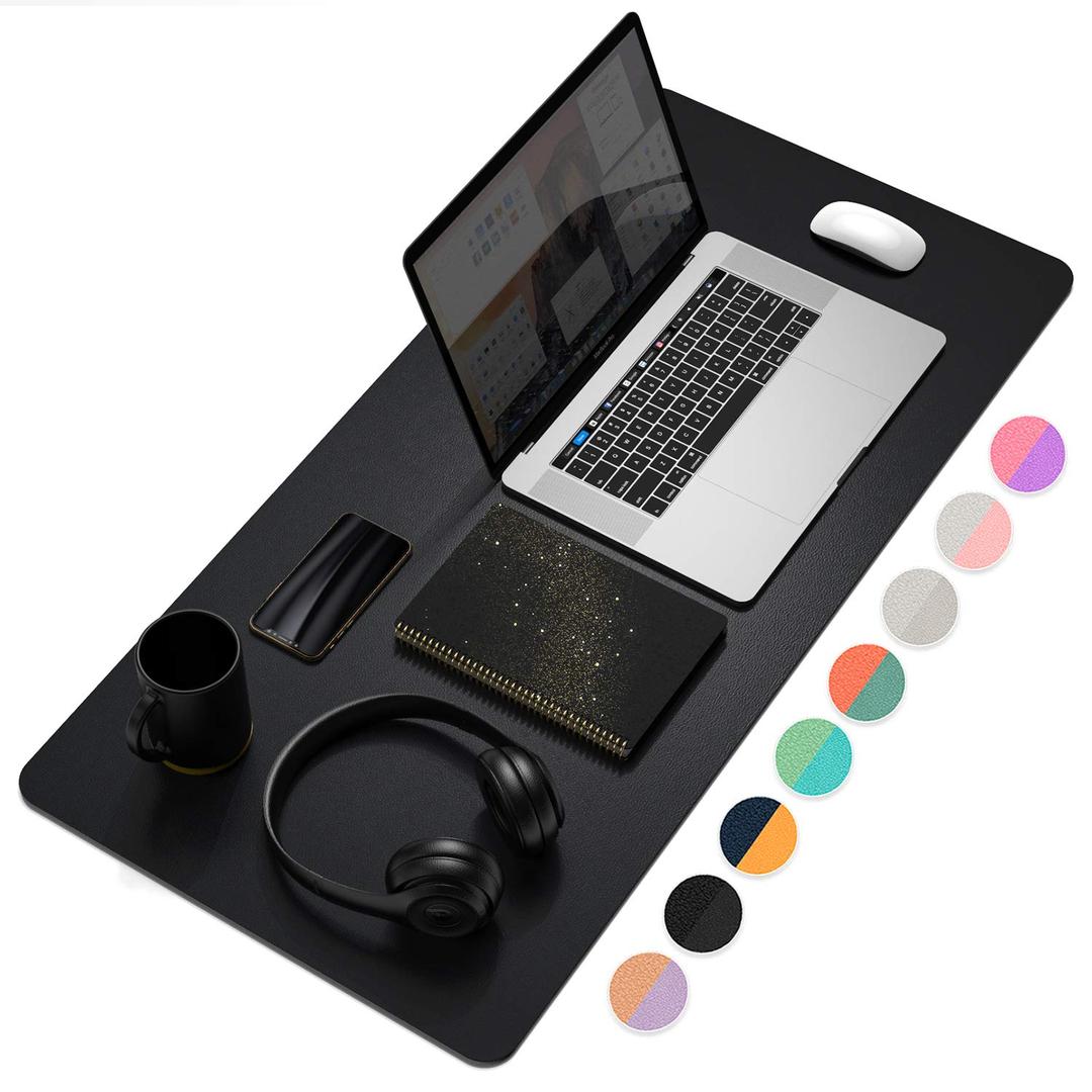 Double-Sided Office Desk Mat, Large Mouse Pad, Waterproof PU Leather Protective Pad, Laptop Desk Pad, Dual Use Cover Protector for Office/Home Keyboard (Black+Black, 31.5''×15.8'')