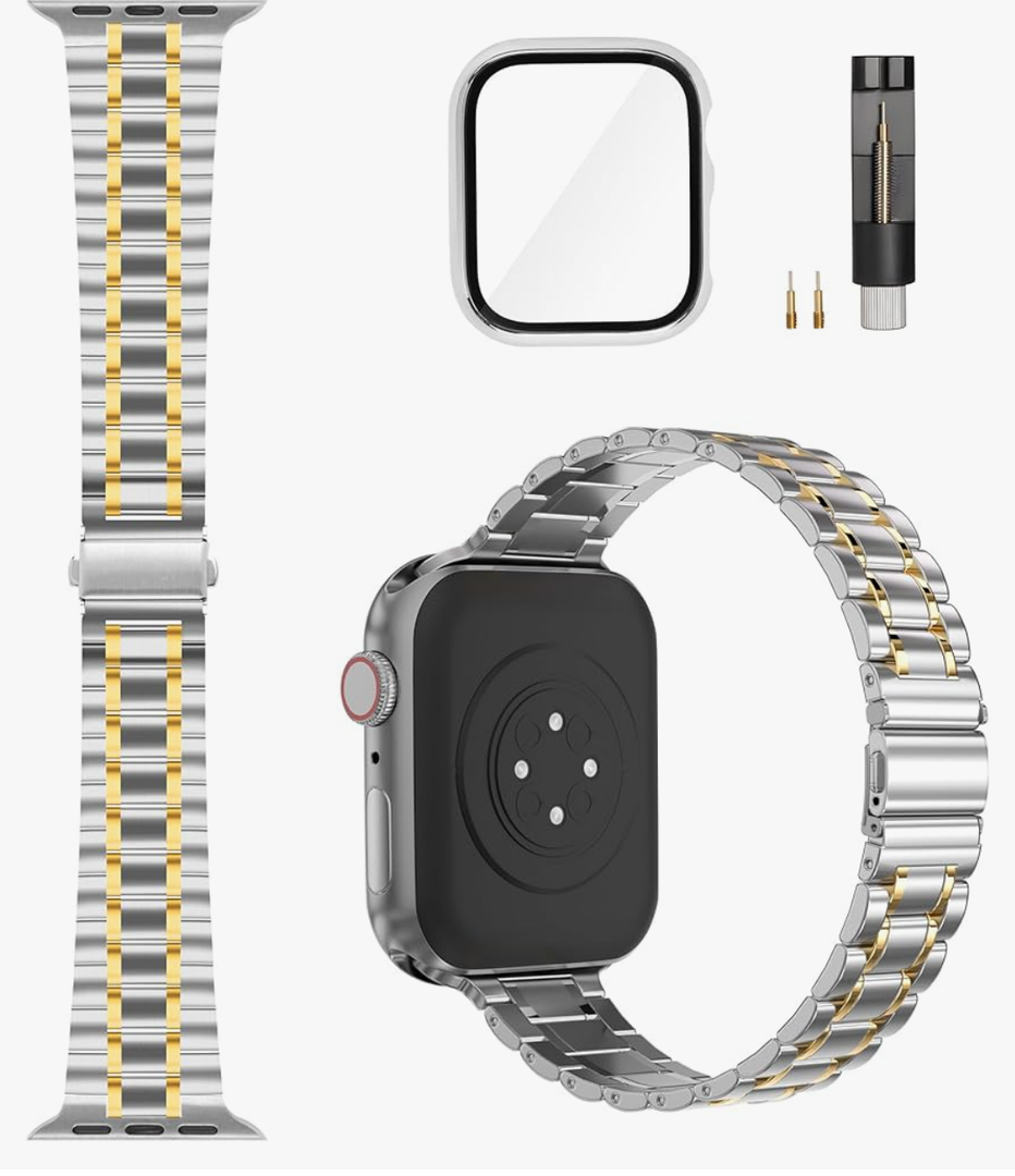 Solid Stainless Steel Band Compatible with Apple Watch 38mm 40mm 41mm 42mm 44mm 45mm, Bands with Screen Protector for iWatch Series 9/8/7/6/5/4/3/2/1/SE Women and Men