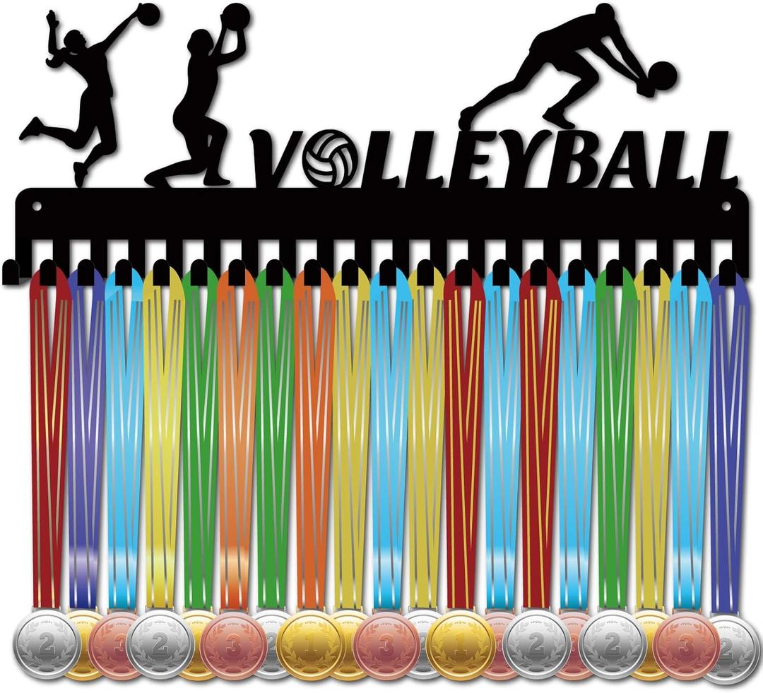 CREATCABIN Volleyball Medal Hangers Medal Holder Display Hanger Rack Sports Metal Hanging Athlete Awards Iron Wall Mount Decor with 20 Hooks for Wall Competition Volleyball Black 15.7 x 5.9 Inch