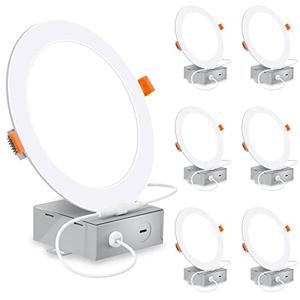 6 Inch Ultra-Thin LED Recessed Lighting with Junction Box, 3000K Warm White Canless Downlight, 12W=110W Eqv, Dimmable LED Ceiling Lights, 850LM, ETL Certified, 6 Pack