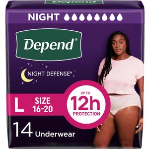 Depend Night Defense Adult Diapers, Incontinence & Postpartum Bladder Leak Underwear for Women, Disposable, Overnight, Large, Blush, 14 Count