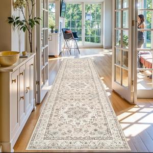 3x12 Hallway Washable Runner Rug: Vintage Non-Shedding Living Room Carpet Distressed Low Pile Floor Mats for Kitchen Bedroom Thin Non-Slip 12ft Indoor Rugs for Entryway Nursery Room (3x12,Cream/Beige)