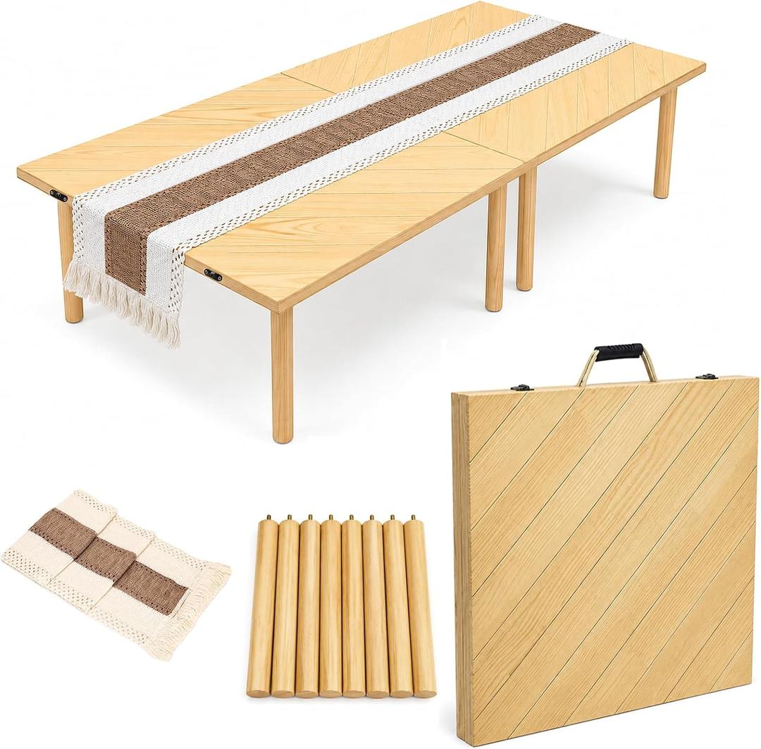 60" x 30" Low Picnic Table with Boho Table Runner Wooden Table with 8 Sturdy Legs Folding Picnic Table for 6 People Backyard Picnic Beach Garden Party Camping