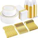 350 Pcs Gold Dinnerware Set, Plastic Plates Disposable for 50 Guests Include:50 Gold Rim Dinner Plates, 50 Gold Dessert Plates, 50 Paper Napkins, 50 Cups, 50 Gold Silverware Set, Perfect for Party
