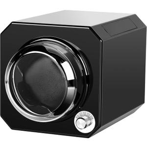 Single Watch Winder for Automatic Watches, Watch Winder in Black Shell with High-Gloss Lacquer, Stackable, Upgraded Soft Adjustable Pillows, Japanese Quiet Motor, Battery Powered or USB Charge