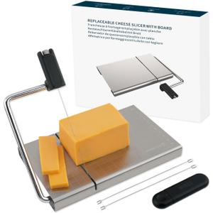 KITCHENDAO Replaceable Wire Cheese Slicer with Board and Measuring Grids,Tightness Adjustable Cheese Slicer, Stainless Steel Metal Cheese Cutter for Block Cheese, Dishwasher Safe, with 2 Extra Wires (KD20326 Cheese Slicer(Black Handle))