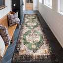 2x8 Runner Rug Green Boho Area Rugs for Hallway Indoor Laundry Room Bathroom Lightweight Non Slip Vintage Rug Washable Retro Distressed Carpet