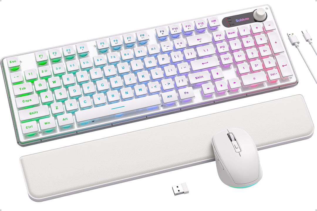 Wireless Keyboard and Mouse Combo - 9 Backlit Effects, Wrist Rest, Double-Shot Keycaps, Metal Panel, Long-Lasting Rechargeable, 2.4G Keyboard Mouse Set for Windows Mac PC Laptop Sablute (White)