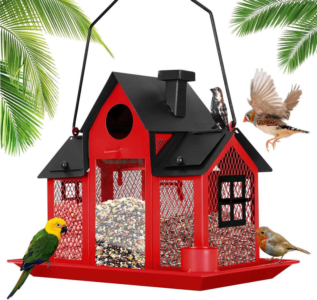 Solar Bird Feeders House for Outside Hanging, Metal Wild Bird Feeder for Outdoors Large Capacity Cardinal Birdfeeder Birdhouses Metal Bird Feeding Station Red