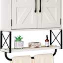 RUSTOWN Farmhouse Medicine Cabinet with 2 Barn Door, Wood Wall Mounted Storage Cabinet with Adjustable Shelf and Towel Bar, 3-Tier Bathroom Cabinet for Bathroom, Living Room(Vintage White, Medium)