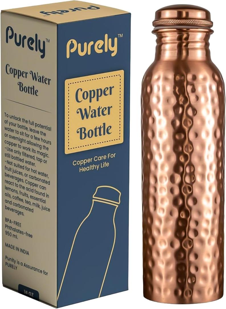 Purely Copper Water Bottle, 34 oz, Pure Copper Construction, Leak Proof, Cylindrical, Polished Finish, BPA Free