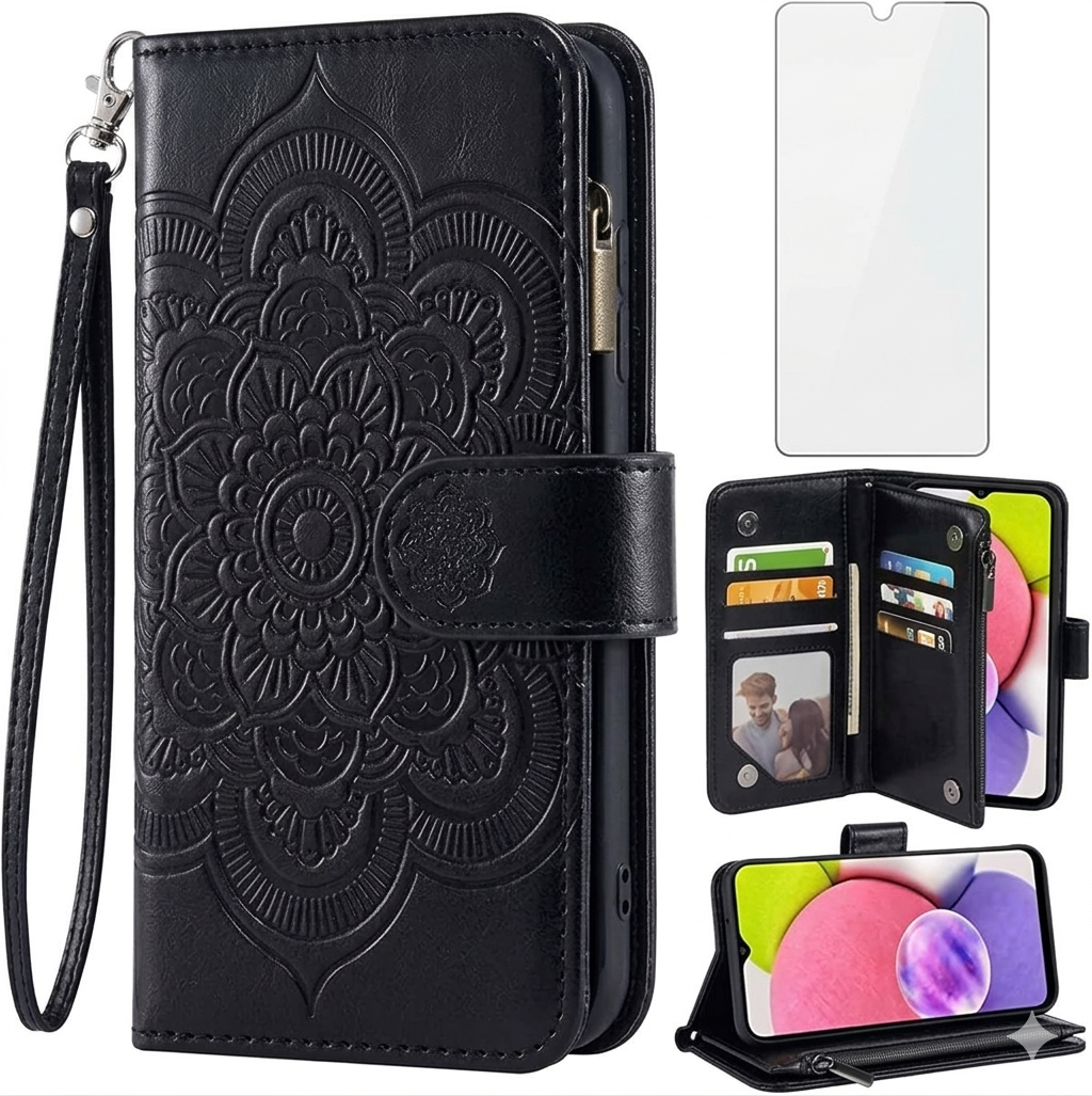 Asuwish Phone Case for Samsung Galaxy A03s US Version 5G 2022 Wallet Cover and Tempered Glass Screen Protector Leather Flip Credit Card Holder Stand Cell Ao3s A 03s SM-A037U SM A037U Women Men Black